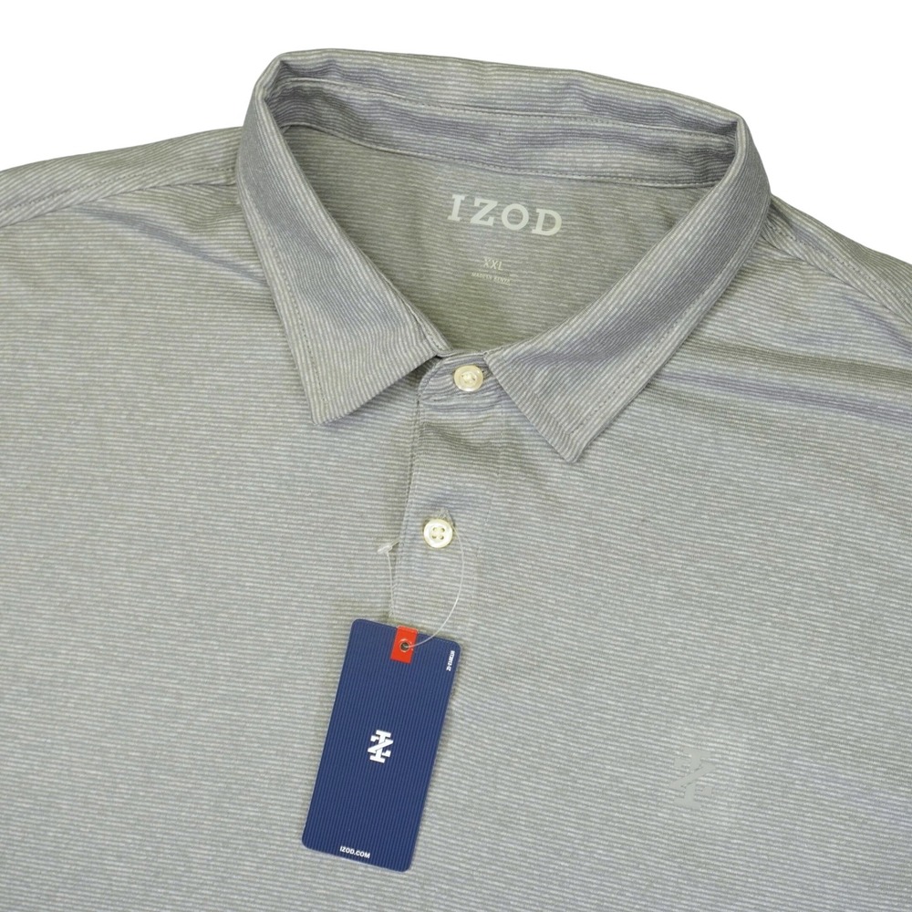 NEW IZOD Polo Shirt Mens 2XL Gray Short Sleeve Sharkskin Textured‎ Striped